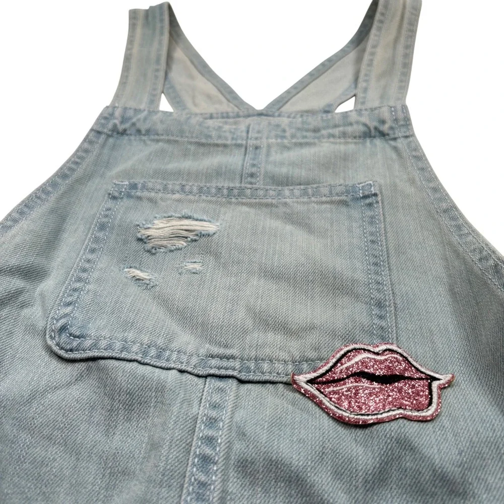 The Children's Place Girls 14 Denim Overall Distressed Patches Light Embroidered